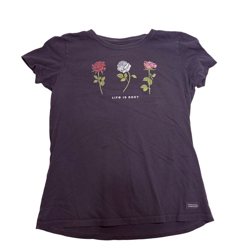 Life is Good Womens Crusher Tee Plum Purple Rose Graphic Life Is Rosy Size M‎